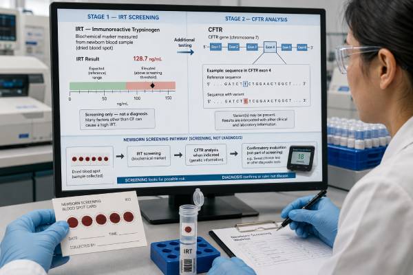 Newborn Cystic Fibrosis Screening Test: IRT, CFTR, and Results Understand newborn cystic fibrosis screening, including IRT, CFTR variant results, sweat chloride confirmation, carrier findings, and CRMS/CFSPID follow-up.