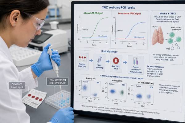 Newborn SCID Screening Test: TREC, Immune Deficiency, and Results Understand newborn SCID screening, including TREC results, causes of low T cells, confirmatory flow cytometry, urgent precautions, genetic testing, and treatment.