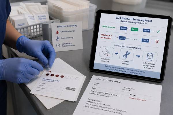 Newborn SMA Screening Test: SMN1 Gene, Early Diagnosis, and Results Understand newborn SMA screening, SMN1 and SMN2 results, confirmatory testing, early treatment decisions, missed variants, and family planning after an abnormal result.