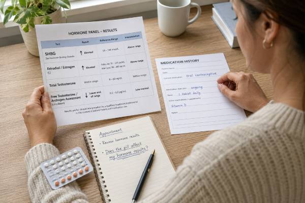 Understand how oral contraceptives affect SHBG, estrogen, testosterone, FSH, LH, and progesterone tests, and when off-pill hormone testing is useful.