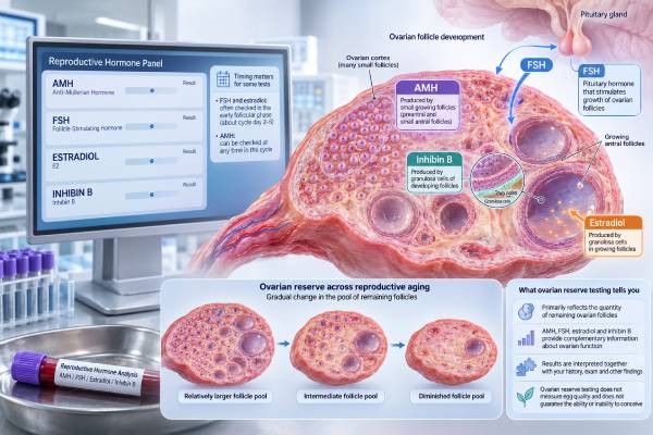 Ovarian Reserve Test Panel: AMH, FSH, Estradiol, Inhibin B, and Results Learn how AMH, FSH, estradiol, and inhibin B ovarian reserve tests are timed and interpreted, including low, high, and discordant results.