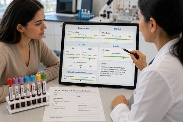 Understand a PCOS blood test panel, including testosterone, DHEA-S, SHBG, LH/FSH ratio, glucose, insulin, preparation, result patterns, and next steps.
