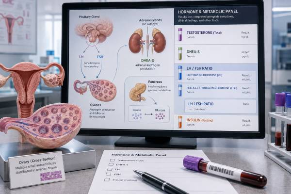 PCOS Hormone Test Panel: Testosterone, DHEA-S, LH/FSH Ratio, Insulin, and Results Learn how testosterone, DHEA-S, the LH/FSH ratio, insulin, and glucose tests are used in PCOS, what abnormal patterns mean, and which mimics must be excluded.