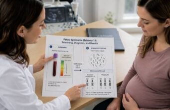 Understand Patau syndrome genetic testing, including trisomy 13 screening, CVS and amniocentesis diagnosis, result interpretation, prognosis, and recurrence risk.