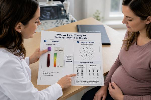 Patau Syndrome Genetic Test: Trisomy 13 Screening, Diagnosis, and Results Understand Patau syndrome genetic testing, including trisomy 13 screening, CVS and amniocentesis diagnosis, result interpretation, prognosis, and recurrence risk.