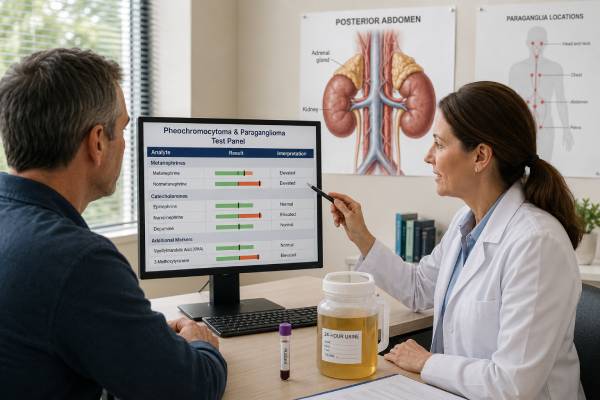 Learn how a pheochromocytoma and paraganglioma panel uses plasma or urine metanephrines, normetanephrine, catecholamines, and controlled collection to interpret abnormal results.