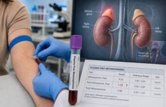 Learn how plasma free metanephrine and normetanephrine testing screens for pheochromocytoma and paraganglioma, why supine rest matters, and how high or borderline results are evaluated.