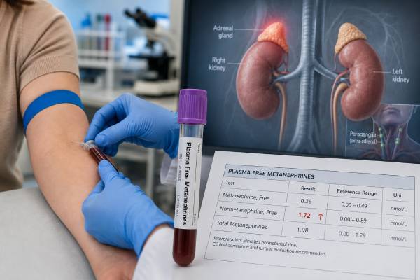 Learn how plasma free metanephrine and normetanephrine testing screens for pheochromocytoma and paraganglioma, why supine rest matters, and how high or borderline results are evaluated.
