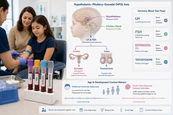 Precocious Puberty Hormone Test Panel: LH, FSH, Estradiol, Testosterone, and Results Learn how LH, FSH, estradiol, and testosterone are used to distinguish central from peripheral precocious puberty and what testing, imaging, and follow-up may involve.