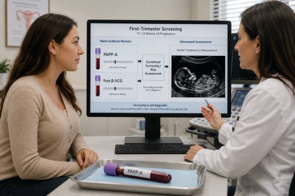 Understand PAPP-A first-trimester screening, MoM values, low and high results, trisomy risk, placental associations, and appropriate follow-up.