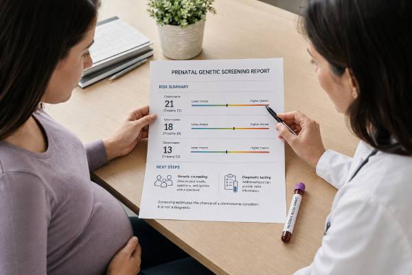 Prenatal Genetic Screening Test: Chromosome Conditions, Risk, and Results Prenatal genetic screening estimates the chance of chromosome conditions. Compare cfDNA, serum, and ultrasound screening, understand results, and learn when diagnosis is needed.