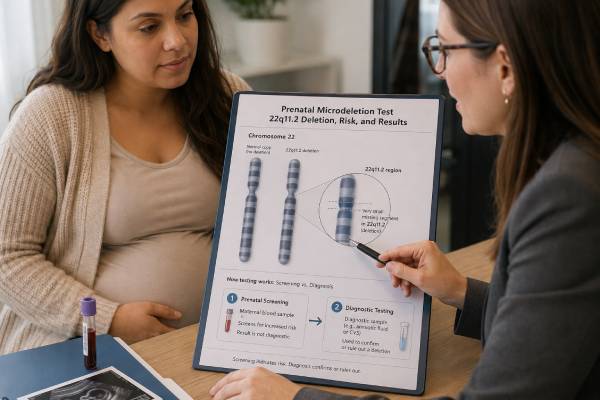 Prenatal Microdeletion Test: 22q11.2 Deletion, Risk, and Results Prenatal 22q11.2 microdeletion testing may be screening or diagnostic. Learn how cfDNA differs from microarray, how positives are confirmed, and what a deletion can mean.