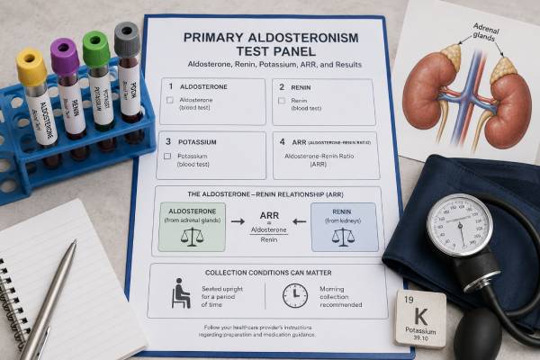 Primary Aldosteronism Test Panel: Aldosterone, Renin, Potassium, ARR, and Results Learn how aldosterone, renin, potassium, and the ARR screen for primary aldosteronism, how medicines affect results, and when confirmation, CT, or adrenal vein sampling is needed.