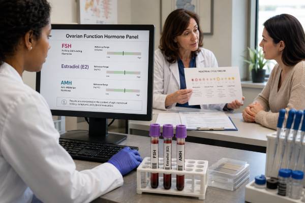 Understand POI blood testing with FSH, estradiol, and AMH, including diagnostic criteria, medication effects, cause testing, fertility implications, and treatment follow-up.