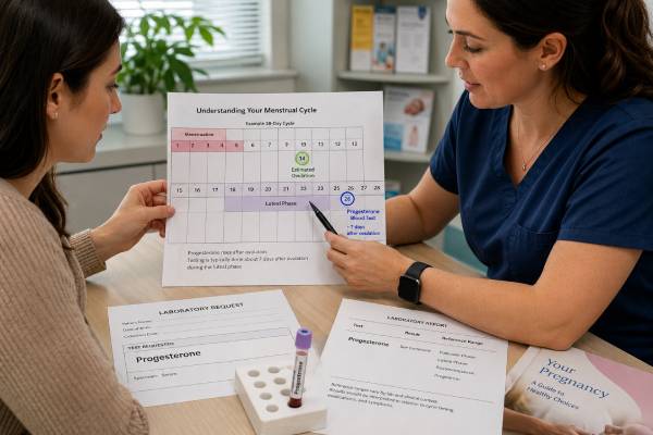 Understand progesterone testing for ovulation, luteal timing, fertility, and pregnancy, including result cutoffs, units, medication effects, limitations, and follow-up.