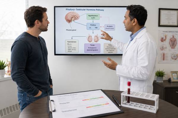 Understand what a prolactin test in men shows, why high levels can lower testosterone and fertility, when repeat testing or pituitary MRI is used, and how treatment can restore function.