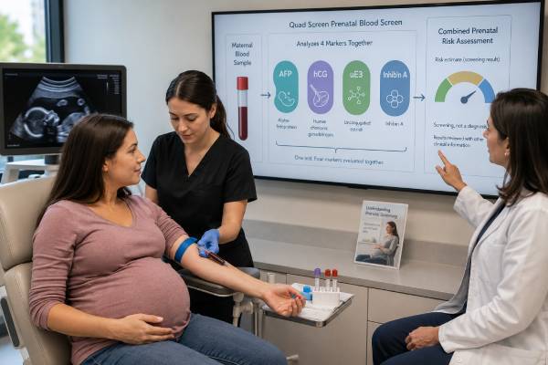 Learn how the quad screen uses AFP, hCG, estriol, and inhibin A, what positive pregnancy results mean, and which ultrasound or diagnostic follow-up may be offered.