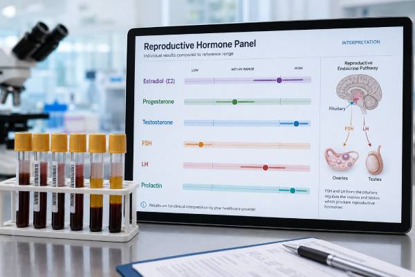 Reproductive Hormone Panel: Estrogen, Progesterone, Testosterone, FSH, LH, Prolactin, and Results Learn how estrogen, progesterone, testosterone, FSH, LH, and prolactin results are interpreted together for fertility, periods, gonadal function, and pituitary health.