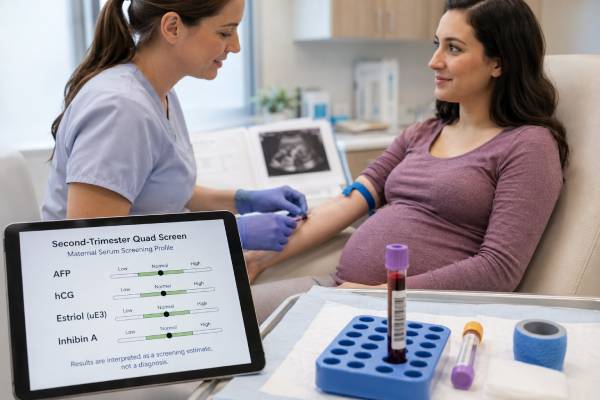 Second-Trimester Quad Screen Test: AFP, hCG, Estriol, Inhibin A, and Results Learn how the second-trimester quad screen uses AFP, hCG, estriol, and inhibin A, what positive and negative results mean, and which follow-up tests may be offered.
