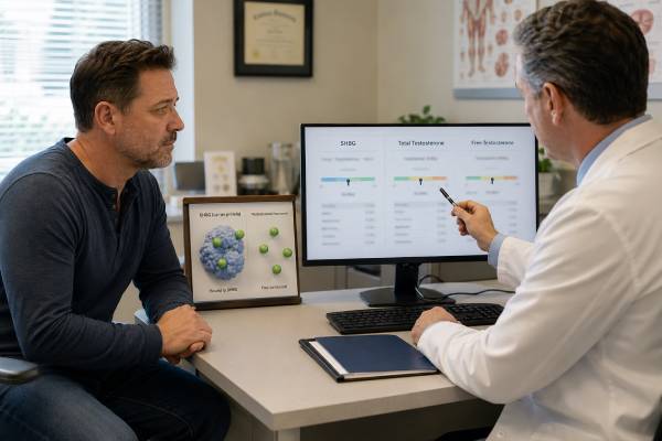 Understand how an SHBG test in men explains high or low total testosterone, why binding changes can mask or mimic deficiency, and which follow-up tests identify the underlying cause.