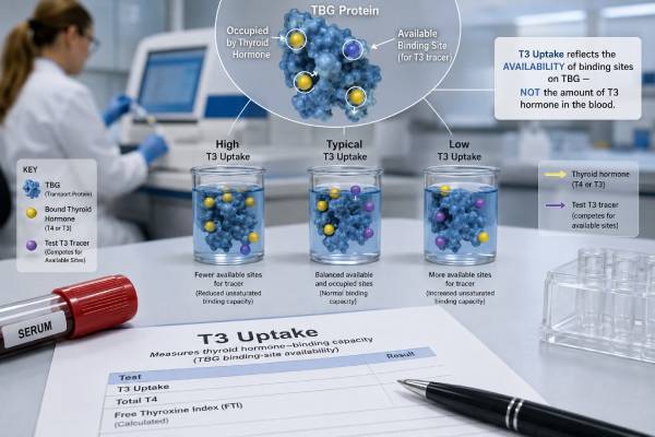 T3 Uptake Test: Thyroid Hormone Binding, TBG, High and Low Results Learn what the T3 uptake test measures, why high or low results reflect TBG and hormone binding, how FTI is calculated, and which modern tests help.