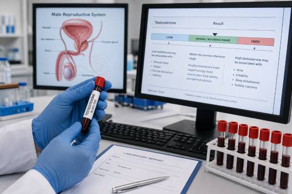 Testosterone Blood Test: High, Low, Normal Range, Fertility, and Results Learn how total and free testosterone blood tests are timed and interpreted, including high and low causes, normal-range limits, fertility effects, and appropriate follow-up.