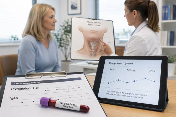 Thyroglobulin (Tg) Blood Test: Thyroid Cancer Follow-Up, High or Low Levels, and Results Understand thyroglobulin testing after thyroid cancer, including high, low, or undetectable Tg, TSH stimulation, TgAb interference, trends, and imaging.