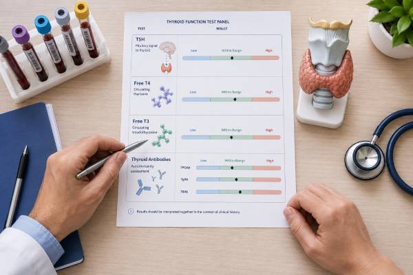 Thyroid Function Test Panel: TSH, Free T4, Free T3, Thyroid Antibodies, and Results Learn how TSH, free T4, free T3, and thyroid antibodies fit together, what common result patterns mean, and when repeat testing or follow-up is needed.