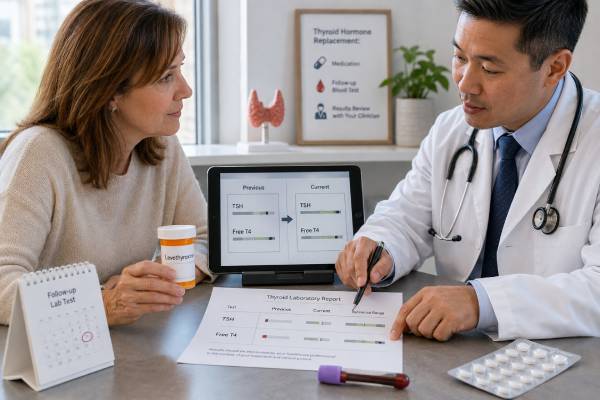 Thyroid Hormone Replacement Monitoring Test: TSH, Free T4, Levothyroxine Dose, and Results Learn how TSH and free T4 guide levothyroxine dosing, when to retest, and how missed doses, absorption, pregnancy, and interactions affect results.
