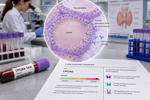 Thyroid Peroxidase Antibody (TPOAb) Test: Hashimoto Thyroiditis, Graves Disease, and Results Understand positive and negative TPOAb results, Hashimoto and Graves associations, normal thyroid function, pregnancy risks, and when follow-up is needed.