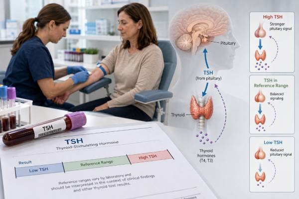 Thyroid-Stimulating Hormone (TSH) Test: High, Low, Normal Range, and Thyroid Function Results Understand high, low, and normal TSH results, how free T4 and T3 change the meaning, and when repeat testing, treatment review, or urgent care is needed.