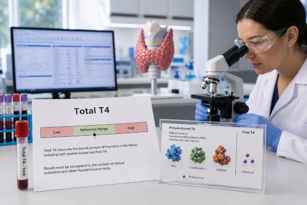 Total T4 (Thyroxine) Test: High, Low, Normal Range, and Thyroid Function Understand total T4 testing, including normal ranges, high and low causes, binding-protein effects, pregnancy and newborn use, assay limits, and follow-up.
