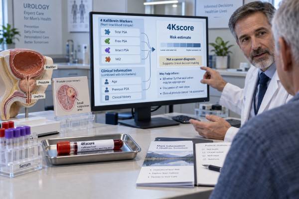 Learn how the 4Kscore combines four PSA-related kallikrein markers with clinical factors to estimate significant prostate cancer risk and guide MRI or biopsy decisions.