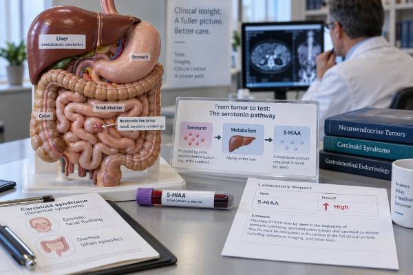 Understand what a 5-HIAA blood test measures, what high levels can mean in carcinoid syndrome and neuroendocrine tumors, and how blood results compare with 24-hour urine testing.