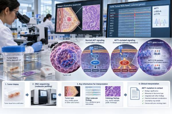AKT1 Mutation Test: Breast Cancer, Solid Tumors, AKT Pathway, and Mutation Meaning Learn what an AKT1 mutation test detects, what AKT1 E17K means, how results guide advanced breast cancer treatment, and how tumor and blood testing differ.