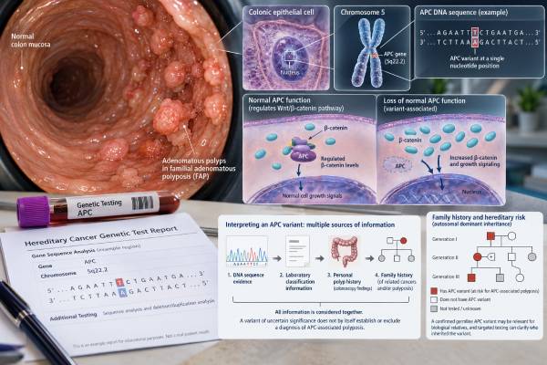 APC Mutation Test: Colon Cancer, Familial Adenomatous Polyposis, Variant Meaning, and Hereditary Risk Learn how APC mutation testing relates to familial adenomatous polyposis, colon cancer risk, germline versus tumor variants, mosaicism, and family testing.