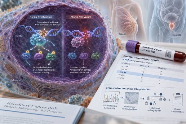 ATM Mutation Test: DNA Repair Gene, Breast Cancer Risk, Prostate Cancer Risk, and Variant Meaning Learn what an ATM mutation test means for DNA repair, hereditary breast and prostate cancer risk, tumor testing, variant classification, screening, and family follow-up.
