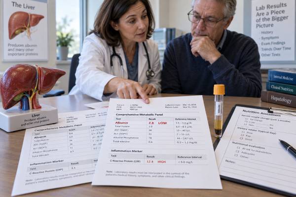 Understand what a low albumin blood test can mean, including inflammation, liver disease, kidney or gut protein loss, fluid dilution, nutrition risk, follow-up tests, and treatment.