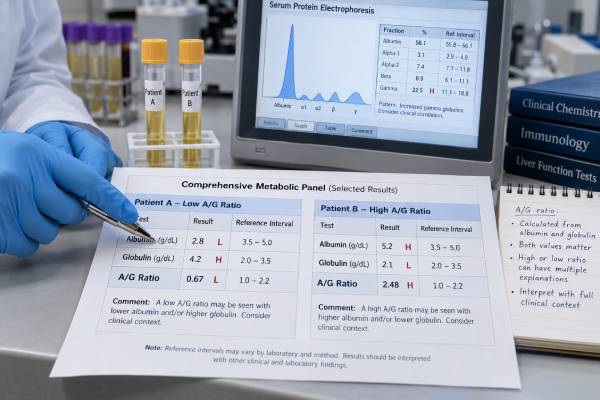 AlbuminGlobulin (AG) Ratio Test High, Low, Inflammation, and Immune Meaning Learn how to interpret a high or low albumin/globulin ratio, including inflammation, immune activity, liver and kidney causes, protein electrophoresis, and useful follow-up tests.