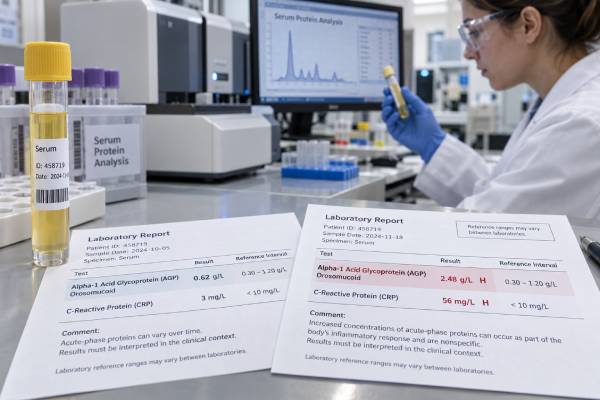 Understand alpha-1 acid glycoprotein test results, high and low levels, acute-phase inflammation, reference ranges, drug binding, causes, and follow-up.