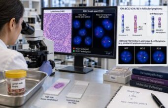 Learn what a BCL2 rearrangement FISH test means in follicular lymphoma, how t(14;18) is interpreted, and how MYC plus BCL2 defines double-hit disease.