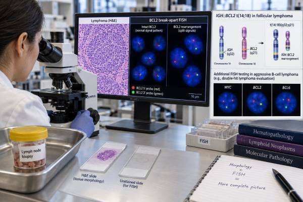 BCL2 Rearrangement Test: Follicular Lymphoma, Double-Hit Lymphoma, and FISH Result Learn what a BCL2 rearrangement FISH test means in follicular lymphoma, how t(14;18) is interpreted, and how MYC plus BCL2 defines double-hit disease.