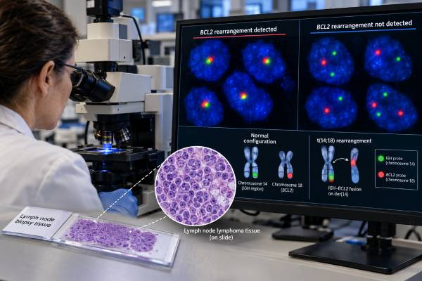Understand BCL2 rearrangement testing in follicular lymphoma, including IGH::BCL2, t(14;18), FISH results, negative tests, and how findings affect tumor classification.