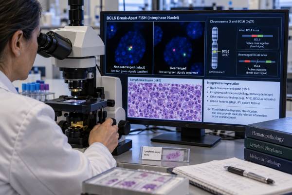 BCL6 Rearrangement Test: Lymphoma, Prognosis, Rearrangement Status, and FISH Result BCL6 rearrangement testing uses FISH to clarify lymphoma genetics, prognosis context, and MYC/BCL2-related classification; learn what positive and negative results mean.