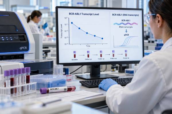 Learn how BCR-ABL1 quantitative PCR monitors CML, including International Scale percentages, MMR, MR4/MR4.5, milestone timing, rising results, and undetectable transcripts.