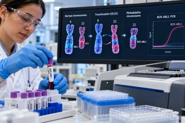 Learn how BCR-ABL1 testing detects the Philadelphia chromosome in CML, how PCR, FISH, and karyotyping differ, and what positive or negative results mean.