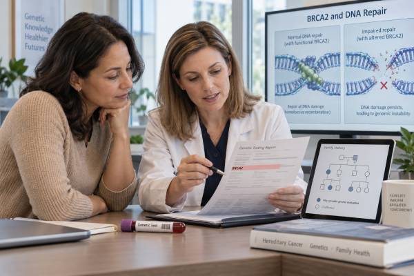 BRCA2 Mutation Test: Hereditary Cancer Risk, DNA Repair, Variant Meaning, and Family Risk Understand BRCA2 mutation testing, hereditary cancer risk, DNA repair, pathogenic variants, VUS results, germline vs tumor findings, and family testing.