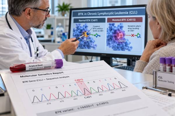 Learn what a BTK mutation test means in CLL, how C481 and other variants cause BTK inhibitor resistance, and how positive or negative results are interpreted.