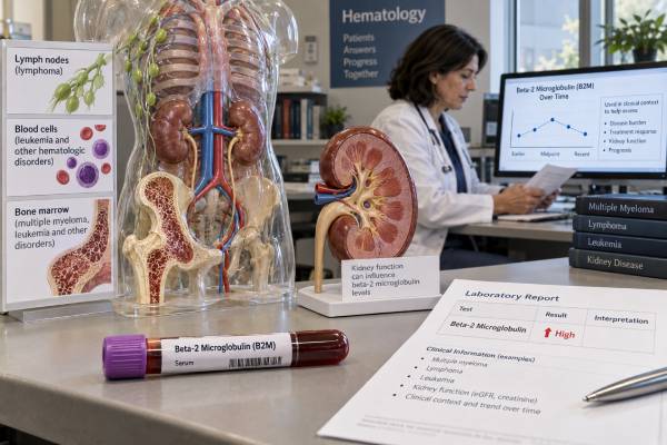 Learn how beta-2 microglobulin is used in myeloma, lymphoma, and leukemia, why kidney function raises B2M, and how staging thresholds and trends are interpreted.