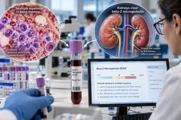 Learn how beta-2 microglobulin is used in multiple myeloma staging and prognosis, why kidney function changes the result, and how to interpret high levels.